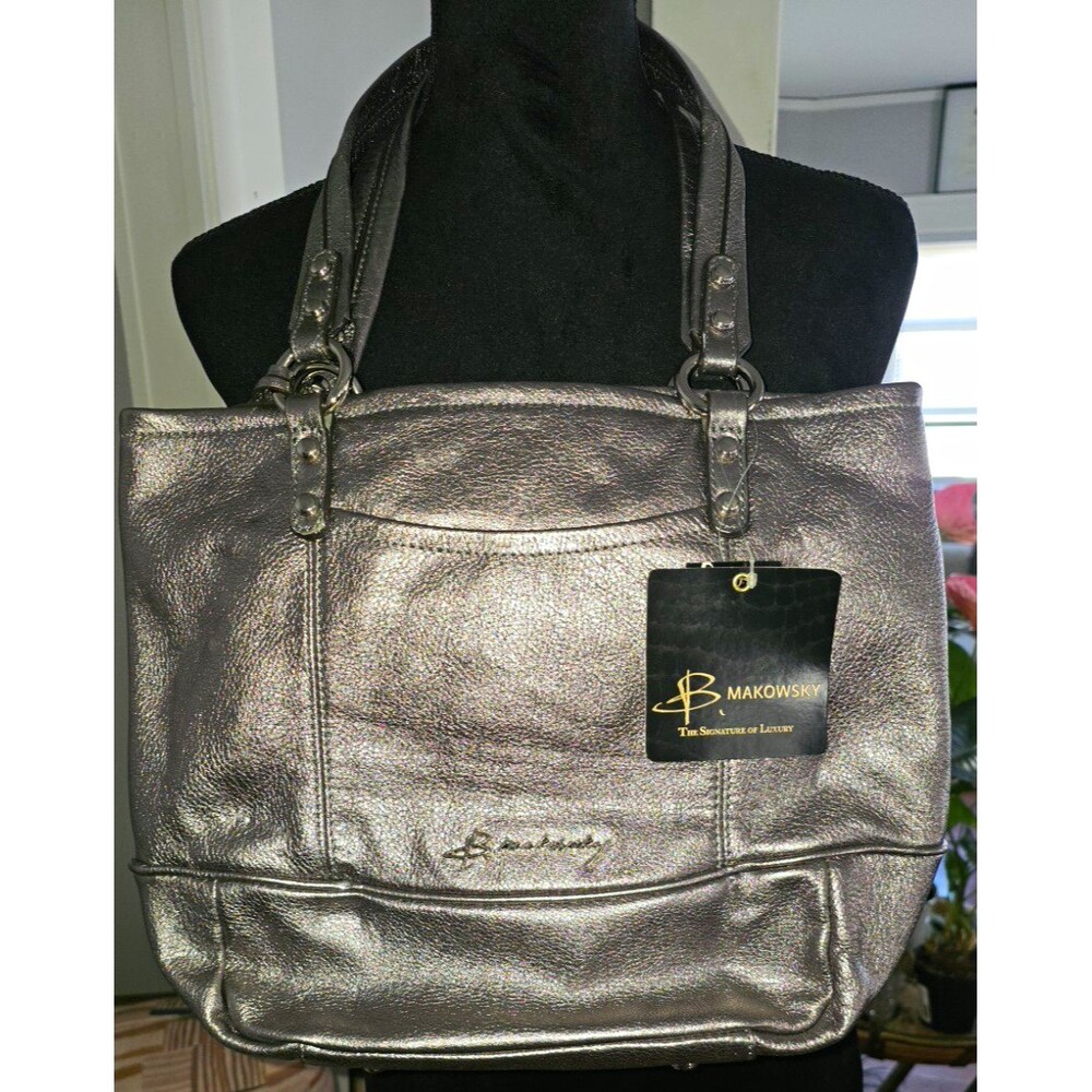 New Wtags B. Makowsky Metallic Silver Tote Shoulder Bag Leopard Lined Zip Studs